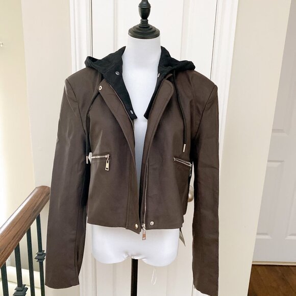 NWT Brown Faux Leather Cropped Moto Jacket with Hoodie - Picture 7 of 9